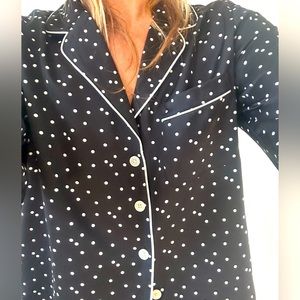 J CREW satin "pajama" style button down shirt in black and white polka dot.